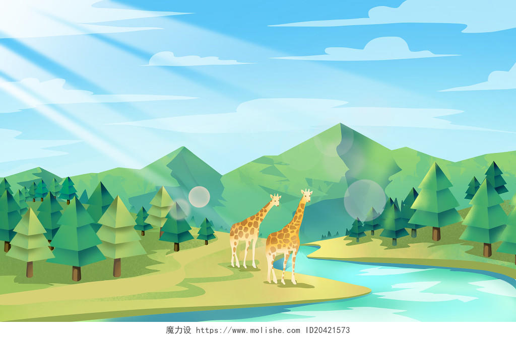 手绘卡通森林长颈鹿森林动物日原创插画海报